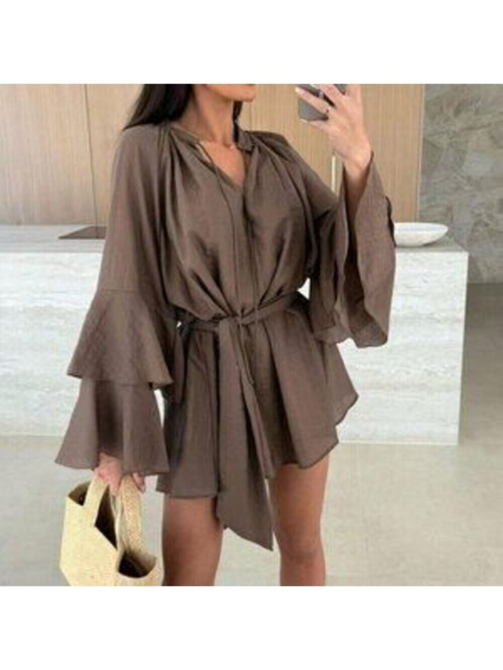 Coffee Boho Women's V-Neck Asymmetrical Tie-Up Long Sleeve Loose Mini Dress